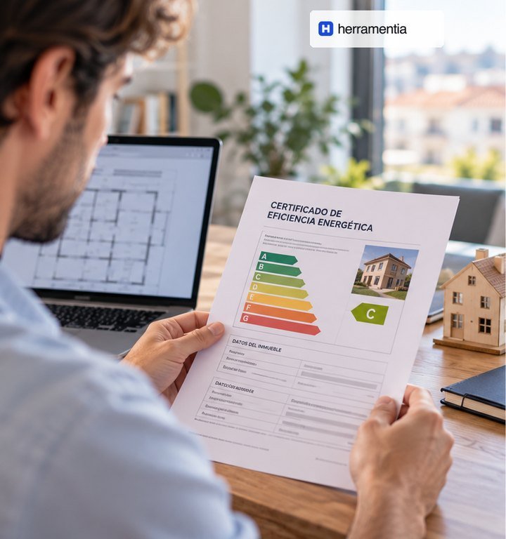 Una persona revisa su certificado de eficiencia energética junto al plano de la vivienda